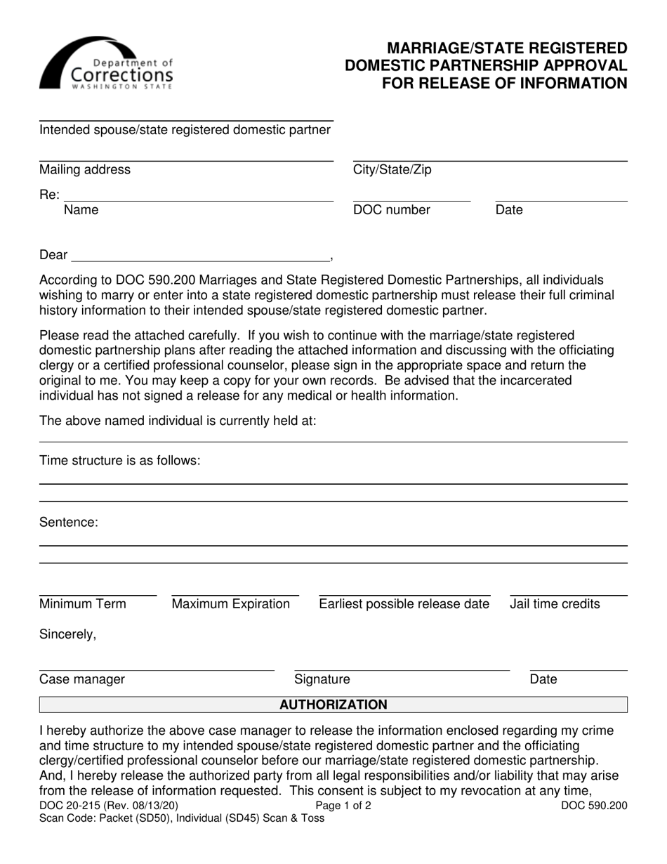 Form DOC20-215 Marriage / State Registered Domestic Partnership Approval for Release of Information - Washington, Page 1