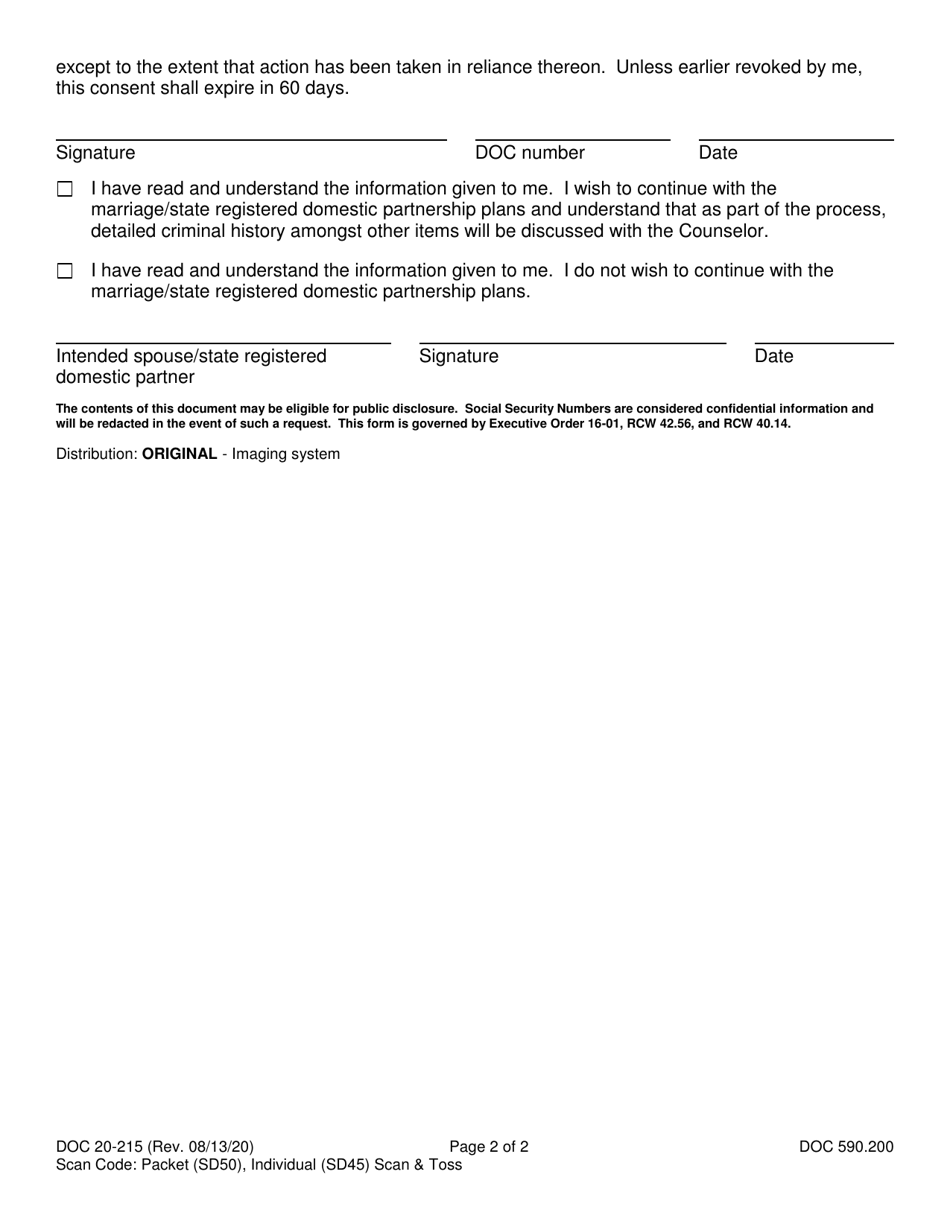 Form DOC20-215 Marriage / State Registered Domestic Partnership Approval for Release of Information - Washington, Page 2