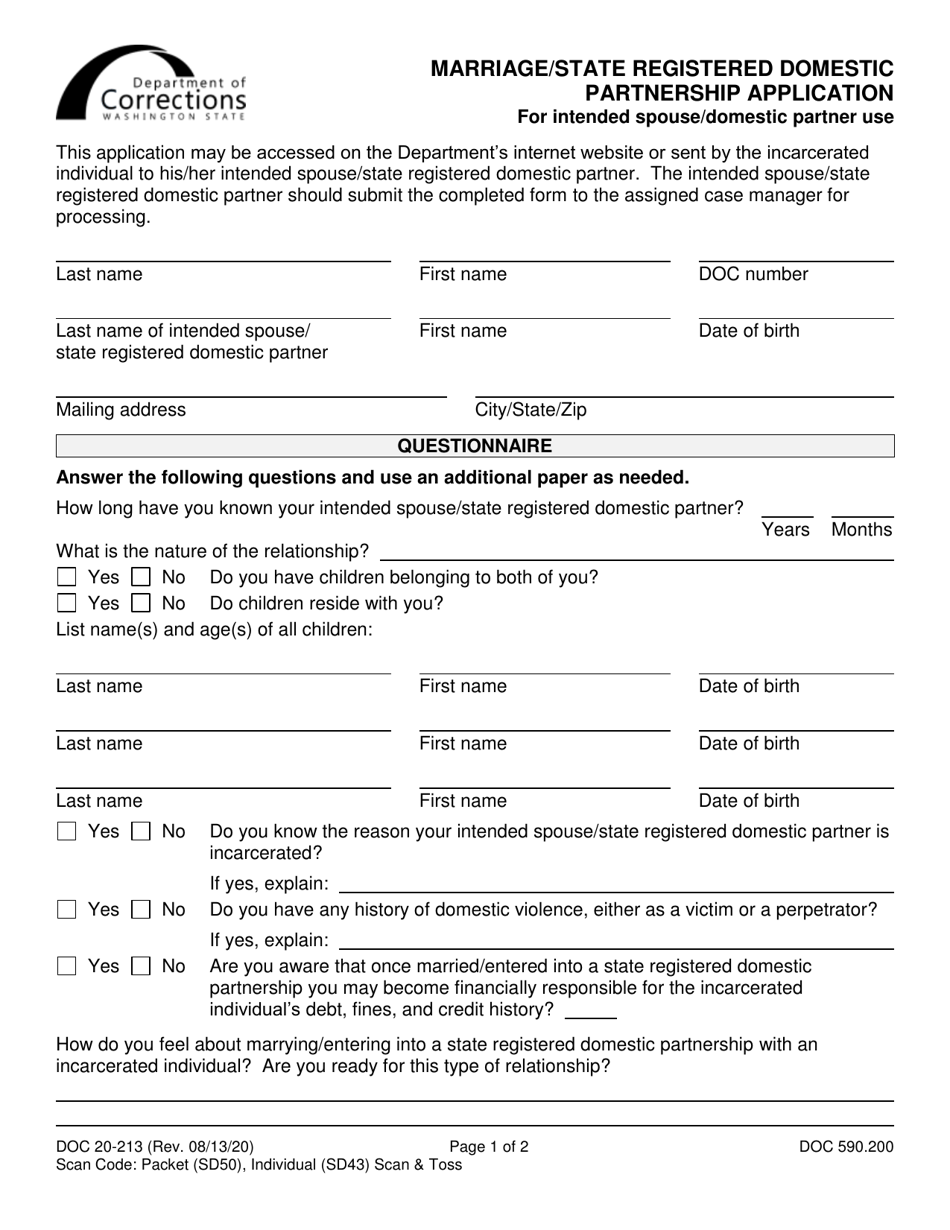 Form DOC20-213 Marriage / State Registered Domestic Partnership Application for Intended Spouse / Domestic Partner Use - Washington, Page 1