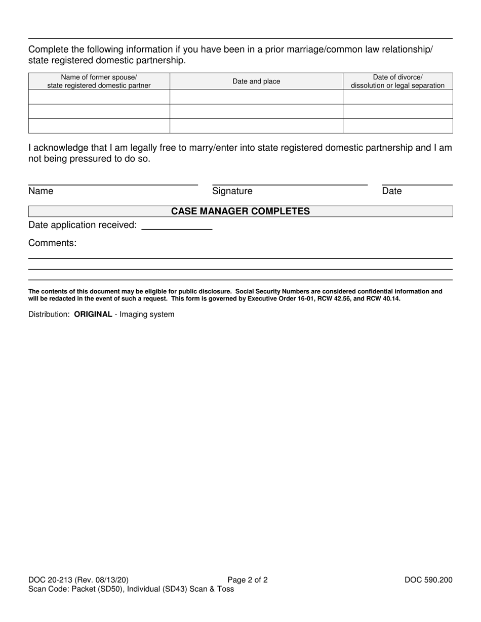 Form DOC20-213 Marriage / State Registered Domestic Partnership Application for Intended Spouse / Domestic Partner Use - Washington, Page 2