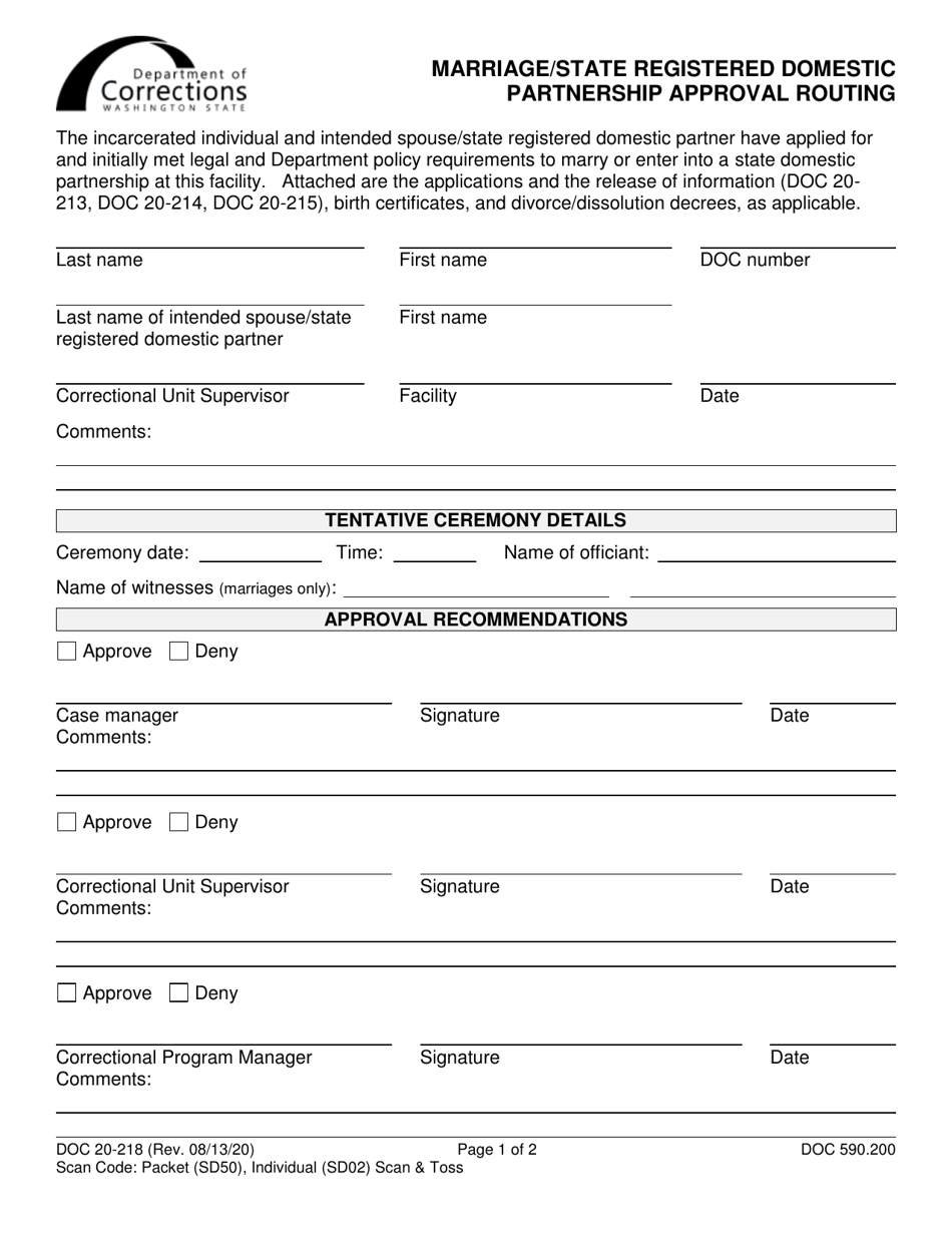 Form DOC20-218 Marriage / State Registered Domestic Partnership Approval Routing - Washington, Page 1