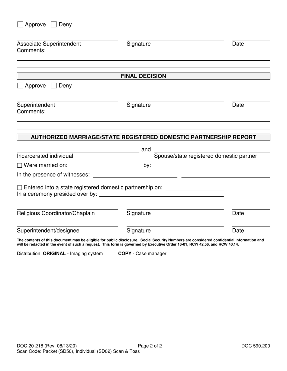 Form DOC20-218 Marriage / State Registered Domestic Partnership Approval Routing - Washington, Page 2