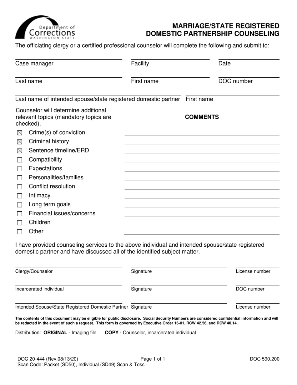 Form DOC20-444 Marriage / State Registered Domestic Partnership Counseling - Washington, Page 1