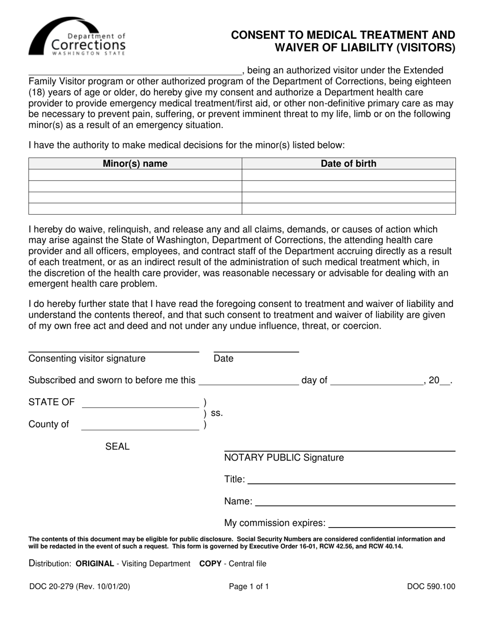 Form DOC20-279 Consent to Medical Treatment and Waiver of Liability (Visitors) - Washington, Page 1