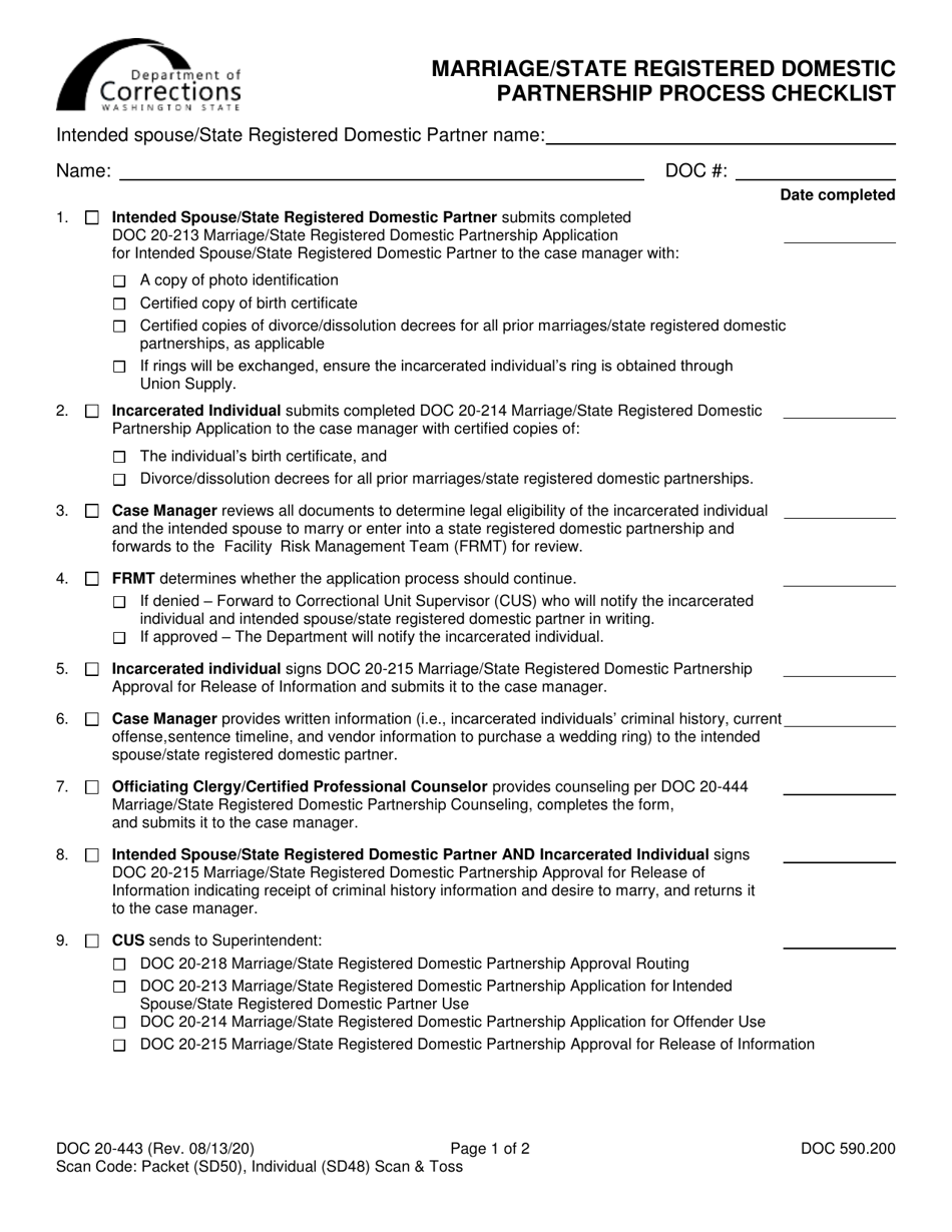 Form DOC20-443 Marriage / State Registered Domestic Partnership Process Checklist - Washington, Page 1