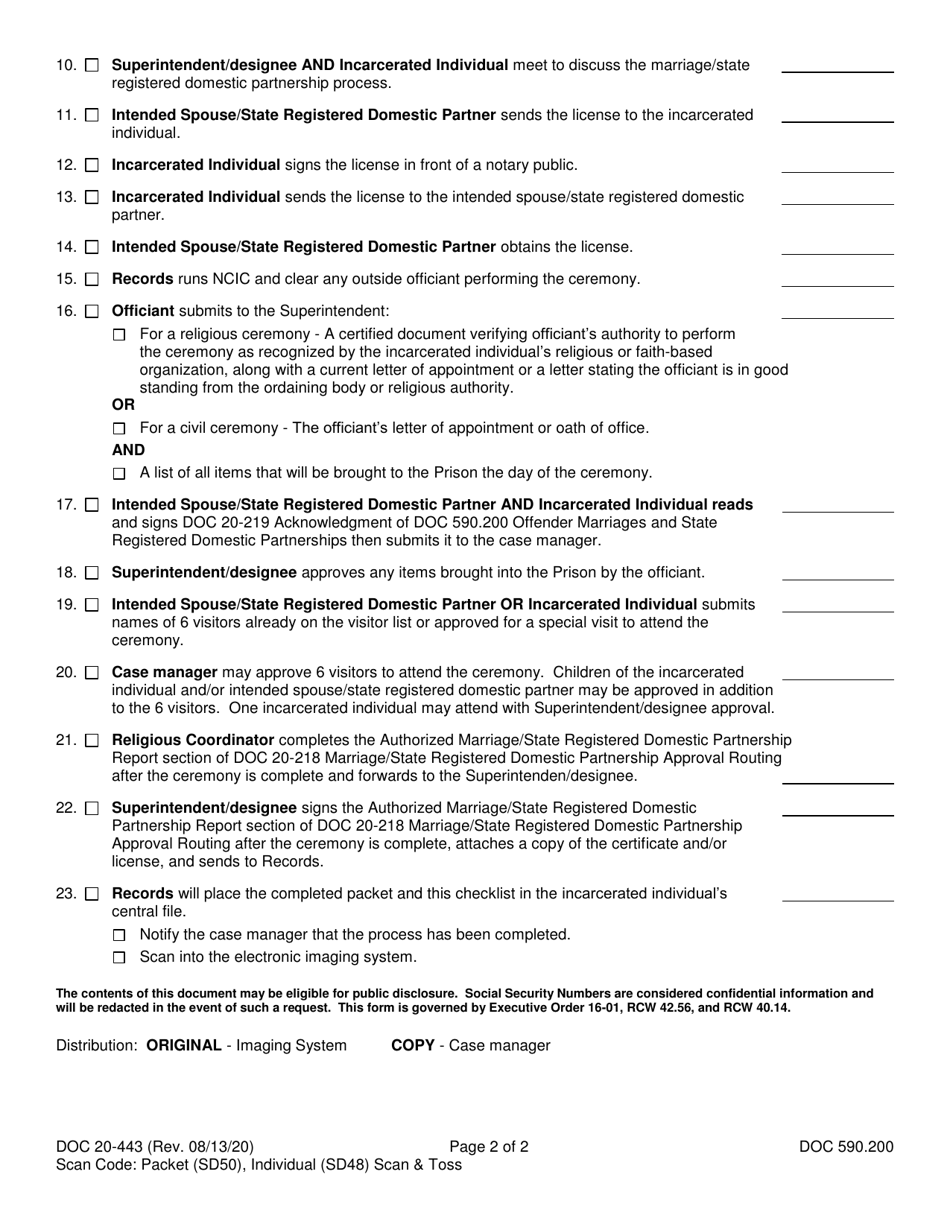 Form DOC20-443 Marriage / State Registered Domestic Partnership Process Checklist - Washington, Page 2