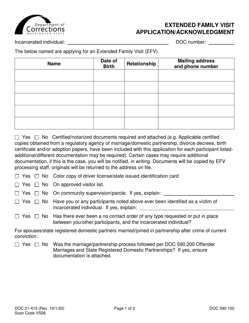 Form DOC21-415 Extended Family Visit Application / Acknowledgment - Washington, Page 1