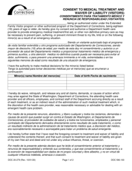 Form DOC20-279 Consent to Medical Treatment and Waiver of Liability (Visitors) - Washington (English/Spanish)