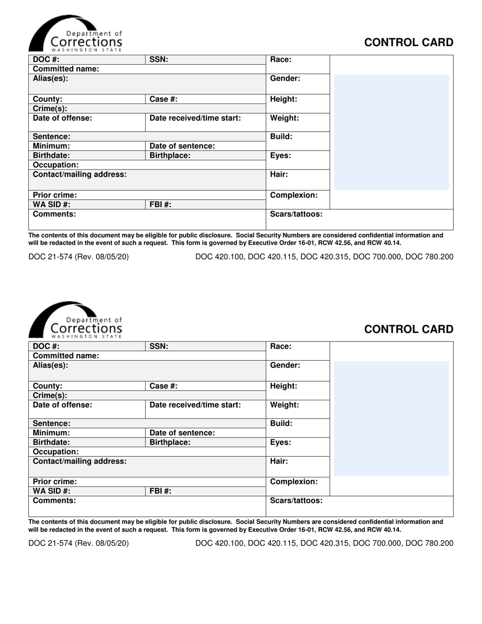 Form DOC21-574 Control Card - Washington, Page 1