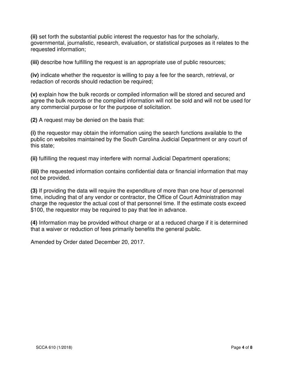 Form SCCA610 Request for Bulk Distribution of and Compiled Information From Judicial Records - South Carolina, Page 4