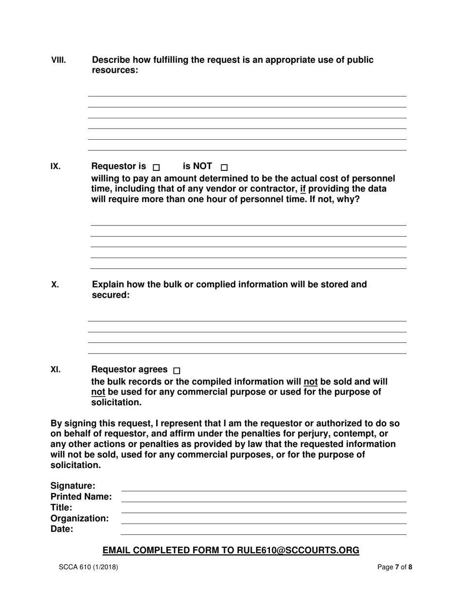 Form SCCA610 Request for Bulk Distribution of and Compiled Information From Judicial Records - South Carolina, Page 7