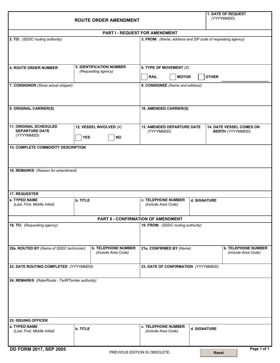 DD Form 2017 Route Order Amendment, Page 1