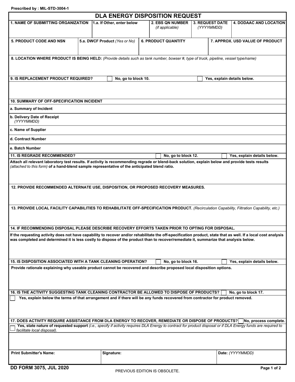 DD Form 3075 Dla Energy Disposition Request, Page 1