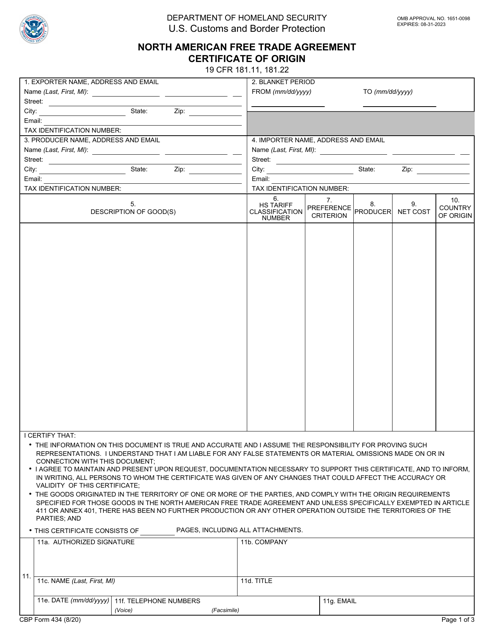 CBP Form 434  Printable Pdf