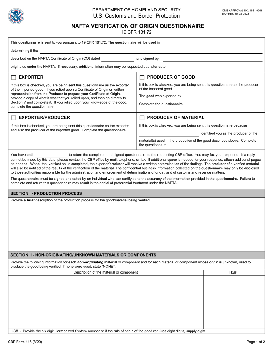 CBP Form 446 Nafta Verification of Origin Questionnaire, Page 1