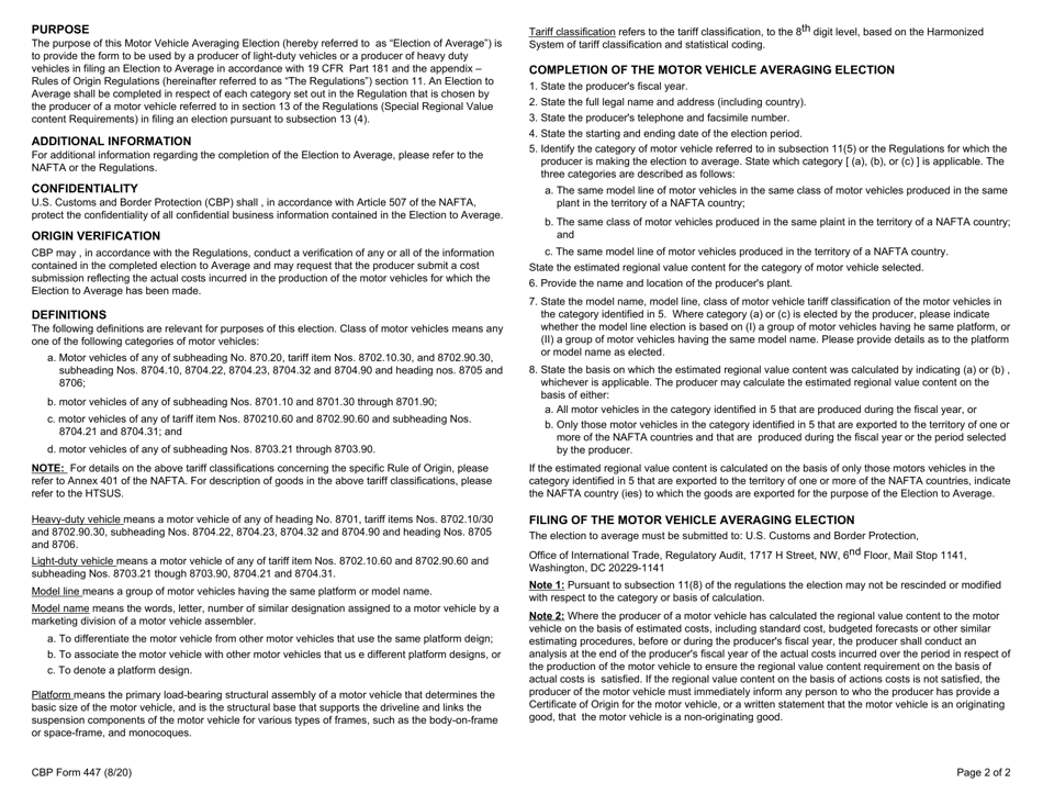 CBP Form 447 North American Free Trade Agreement Motor Vehicle Averaging Election, Page 2