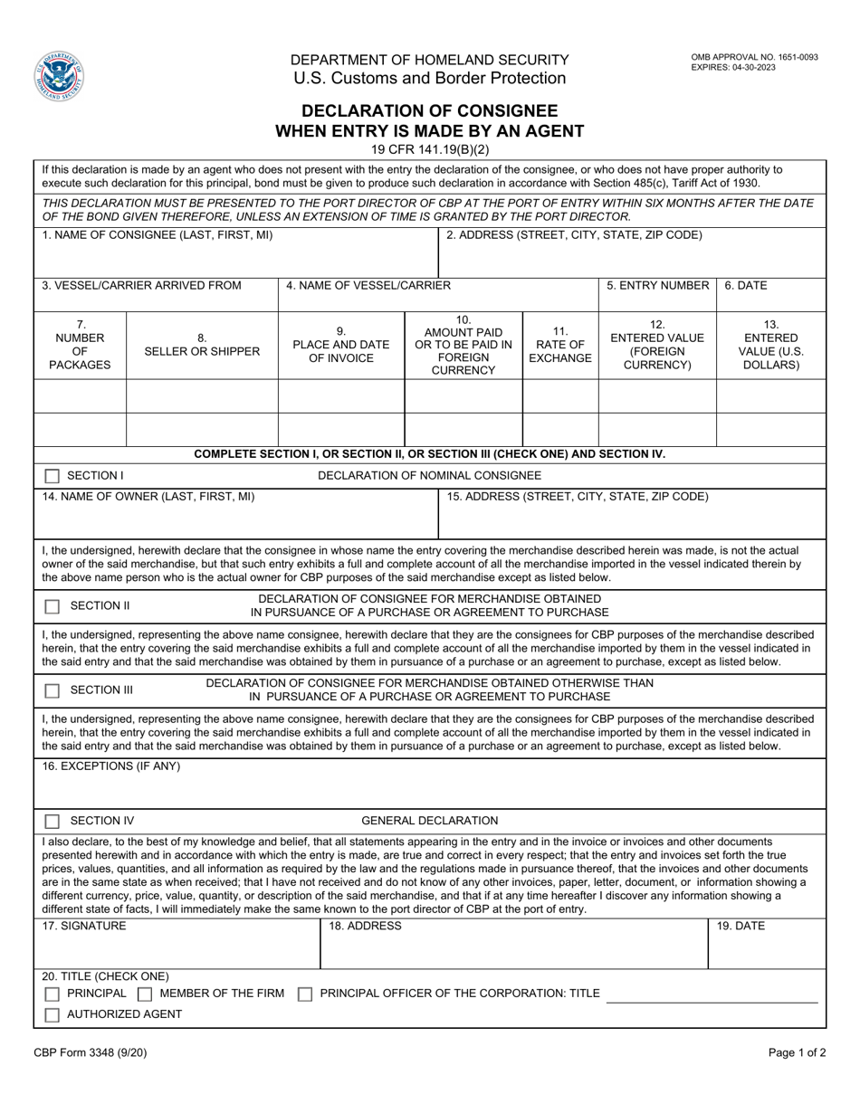 CBP Form 3348 Declaration of Consignee When Entry Is Made by an Agent, Page 1