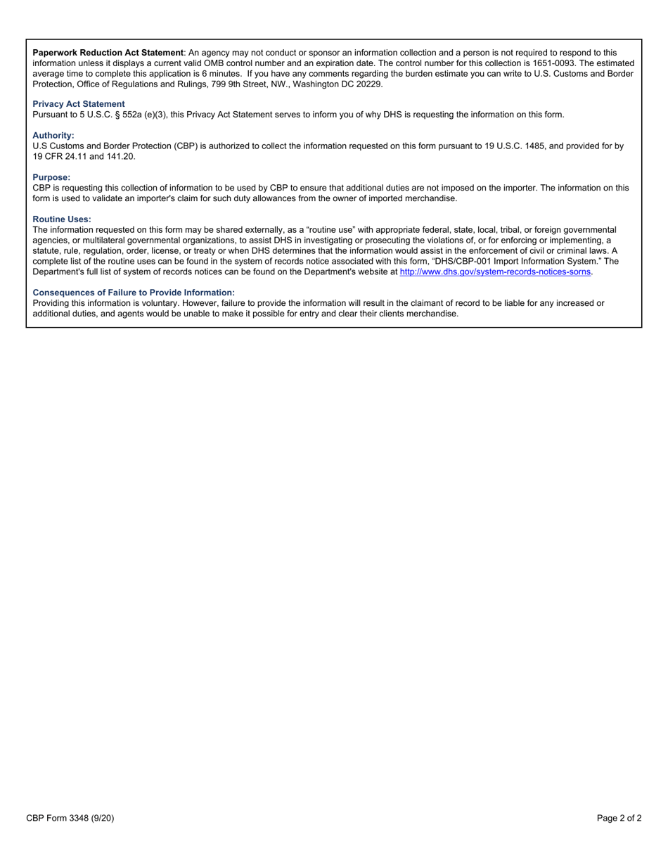 CBP Form 3348 Declaration of Consignee When Entry Is Made by an Agent, Page 2
