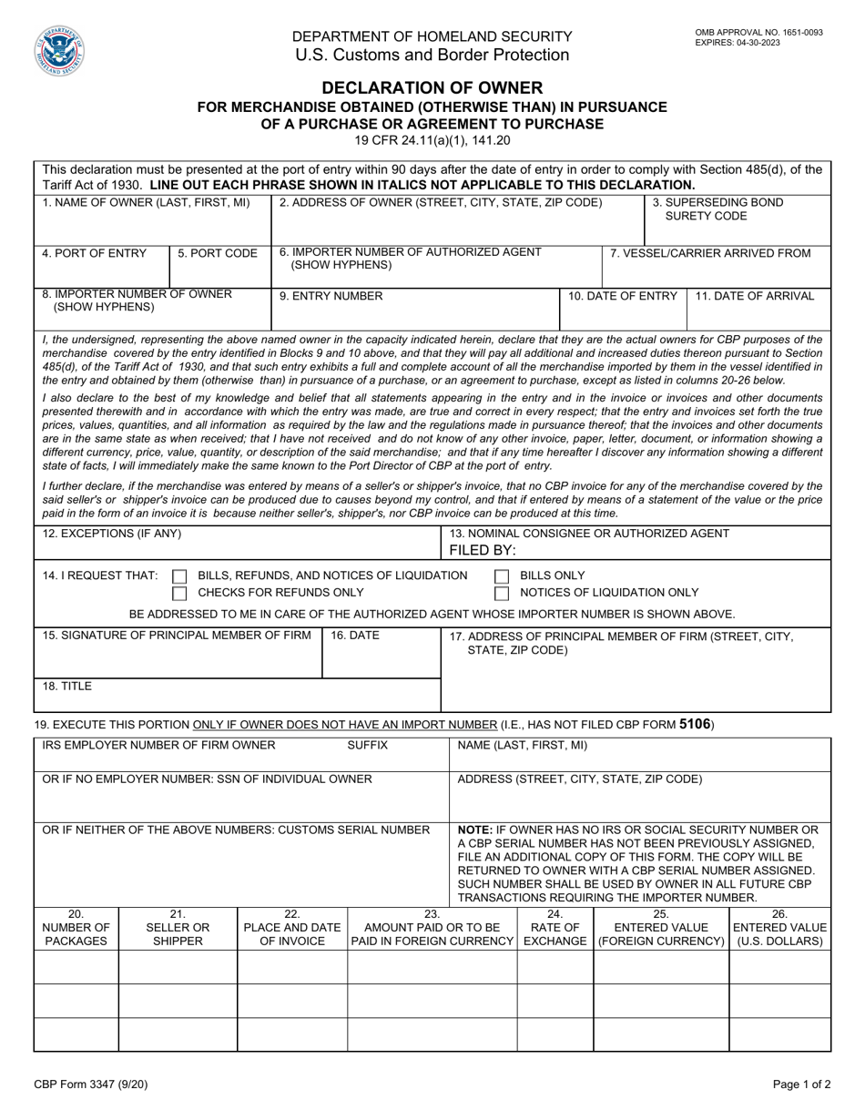 CBP Form 3347 Download Fillable PDF or Fill Online Declaration of Owner ...