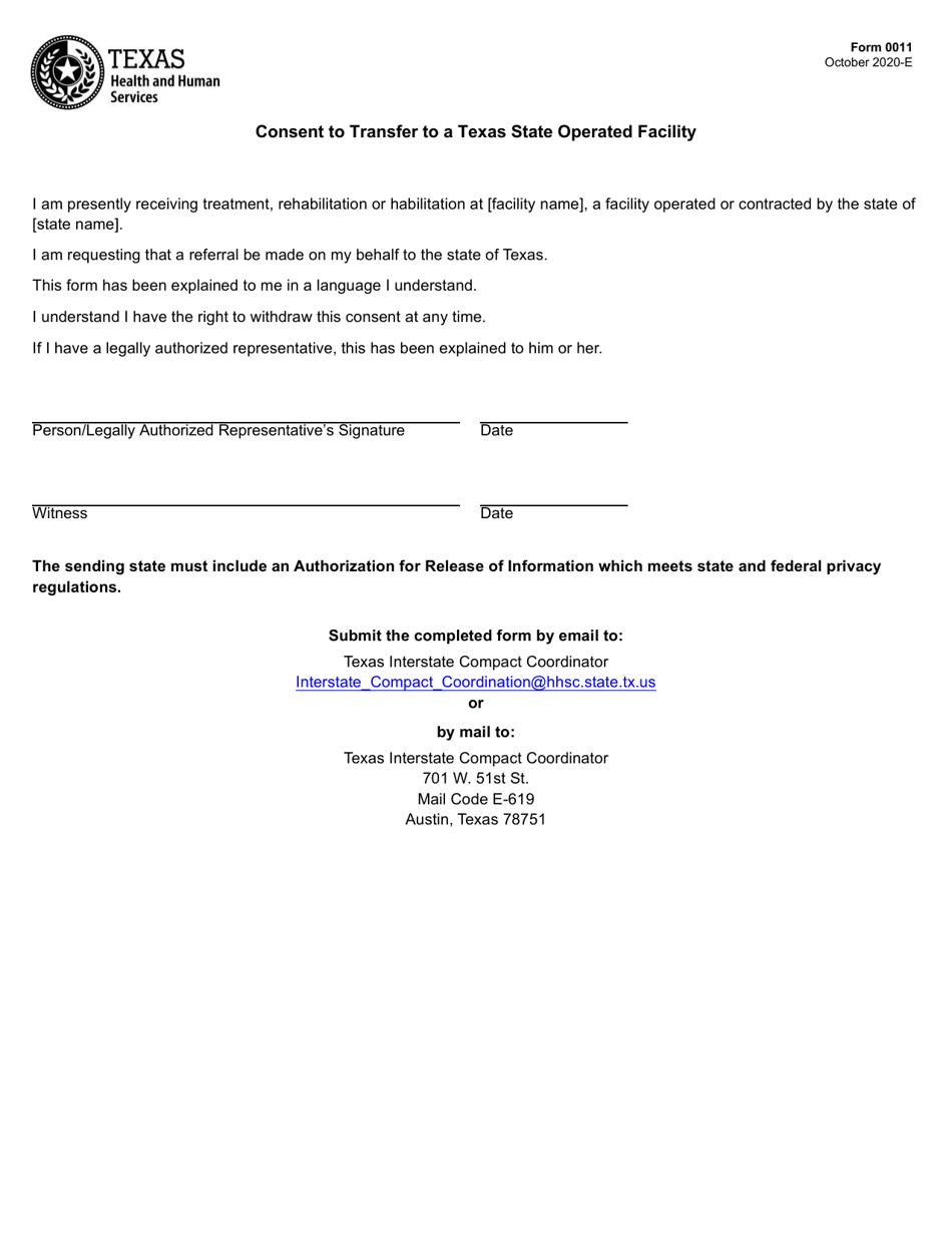 Form 0011 Consent to Transfer to a Texas State Operated Facility - Texas, Page 1