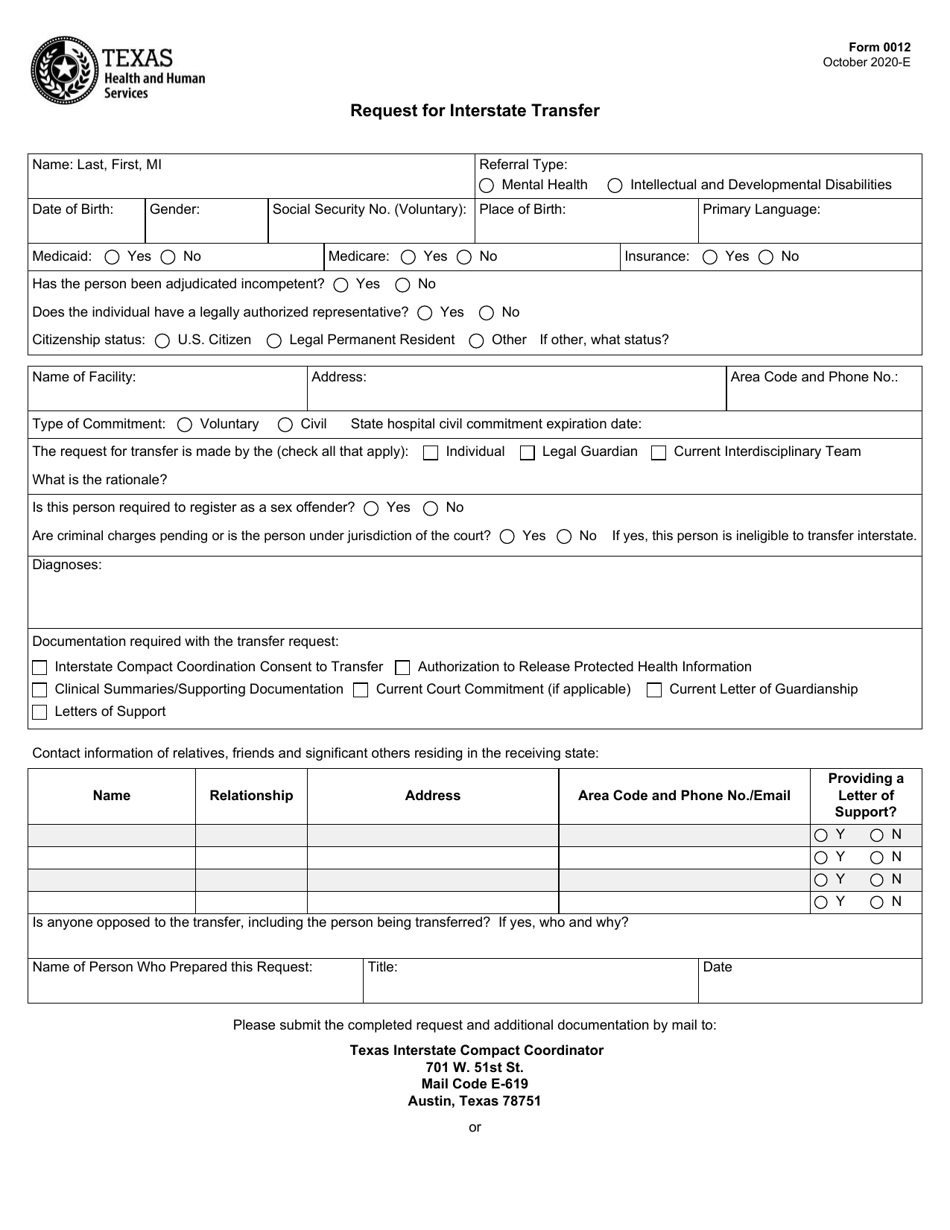 Form 0012 Request for Interstate Transfer - Texas, Page 1