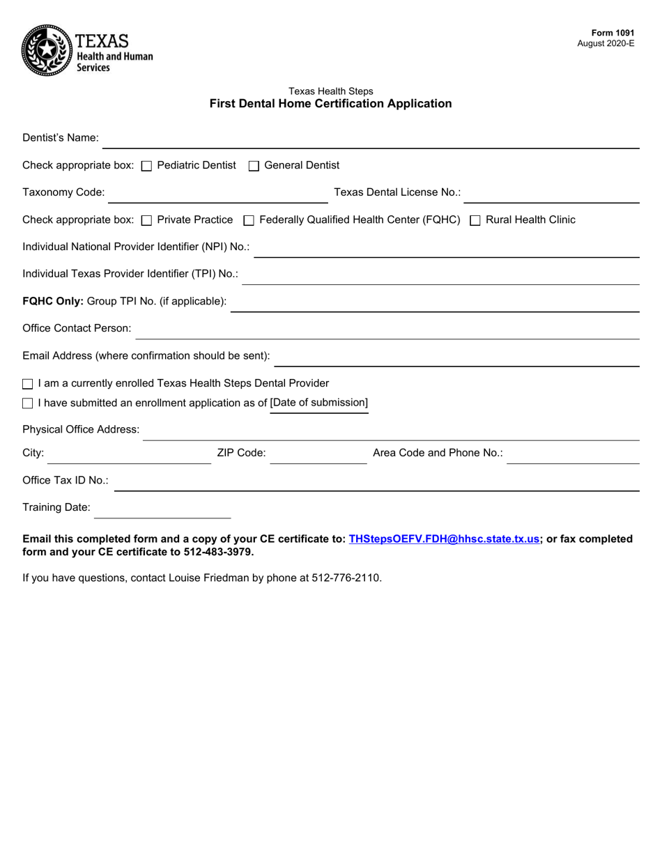 Form 1091 First Dental Home Certification Application - Texas, Page 1