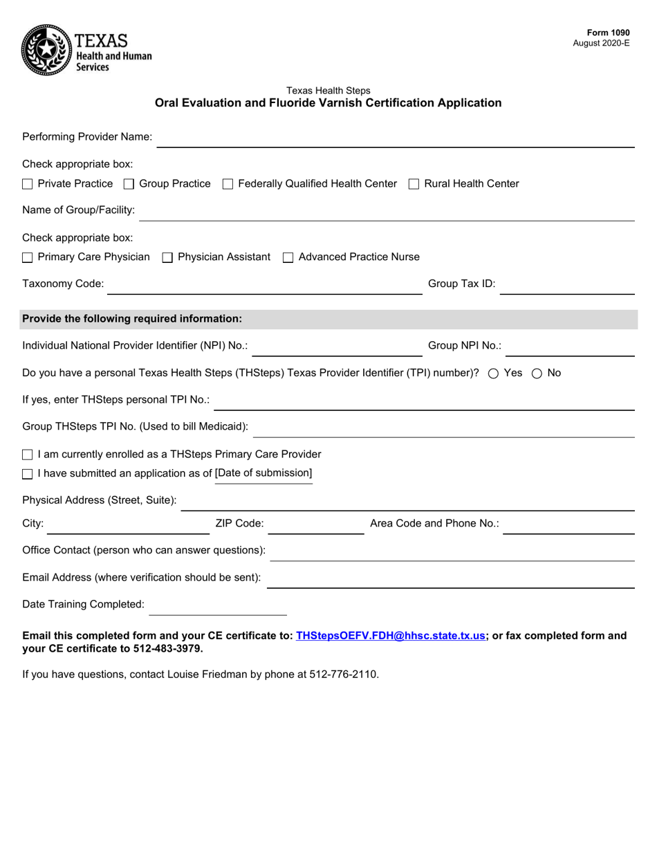 Form 1090 Oral Evaluation and Fluoride Varnish Certification Application - Texas, Page 1