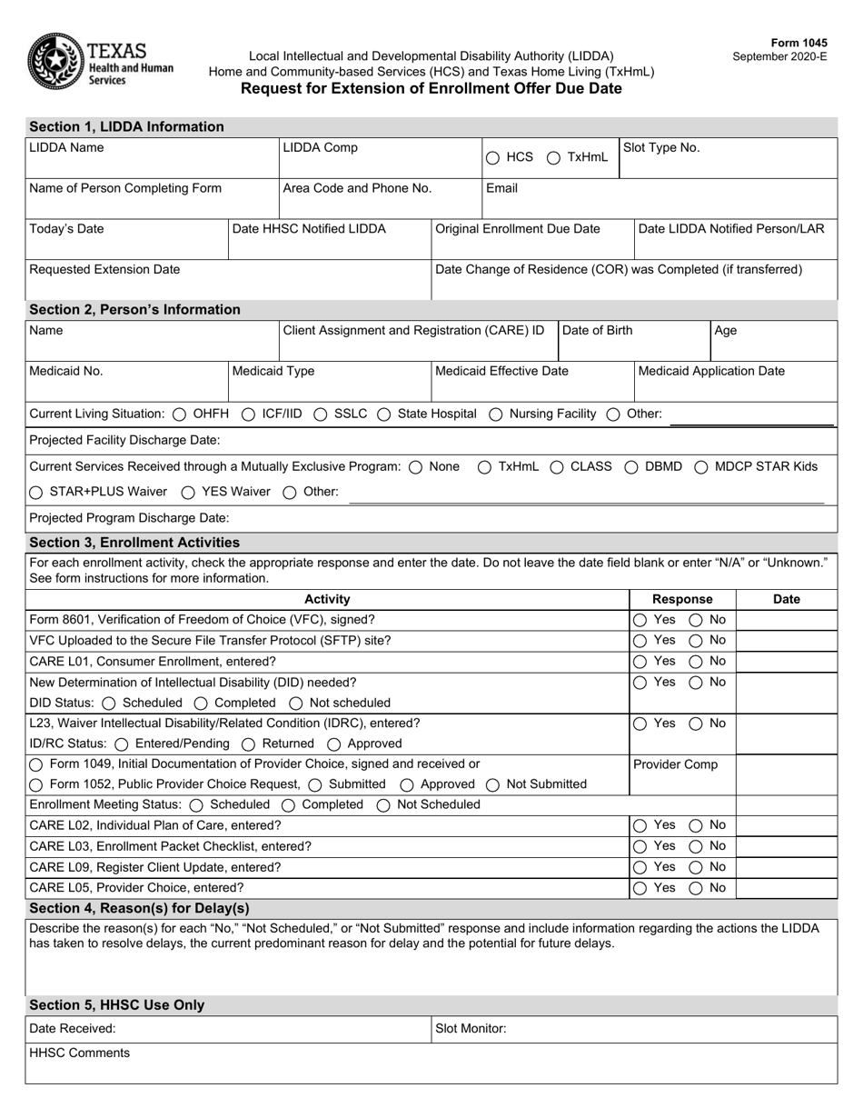 Form 1045 Request for Extension of Enrollment Offer Due Date - Texas, Page 1