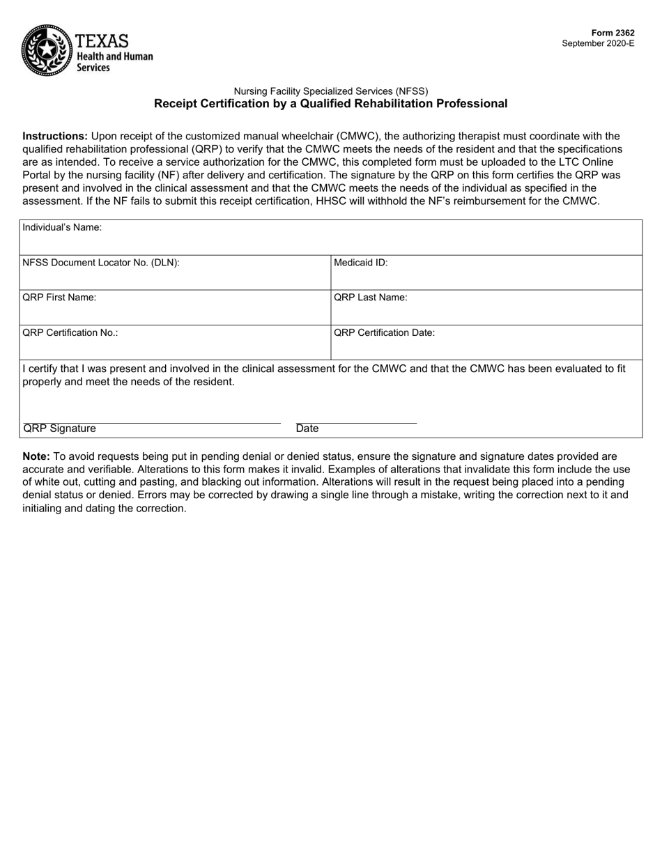 Form 2362 Receipt Certification by a Qualified Rehabilitation Professional - Texas, Page 1