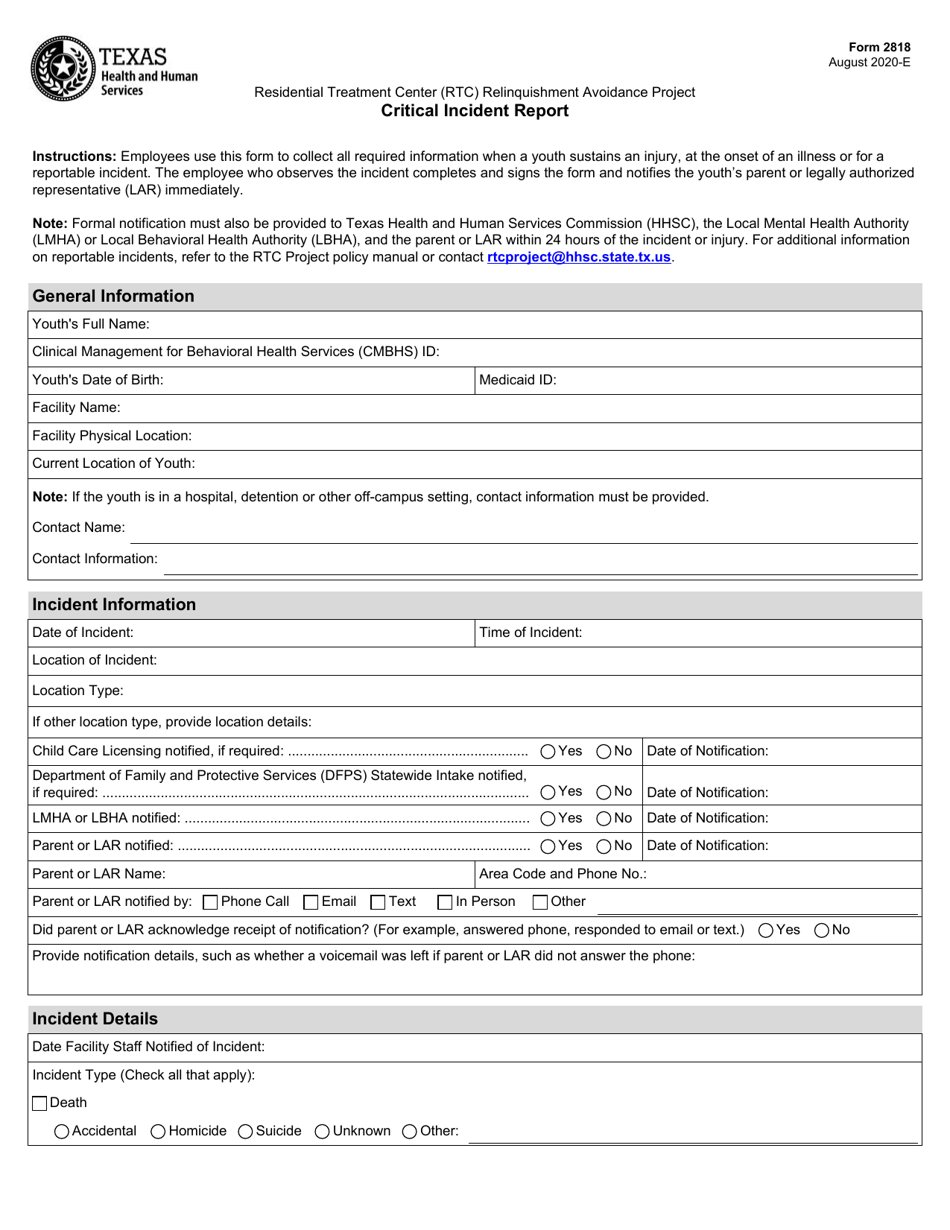 Form 2818 Critical Incident Report - Texas, Page 1