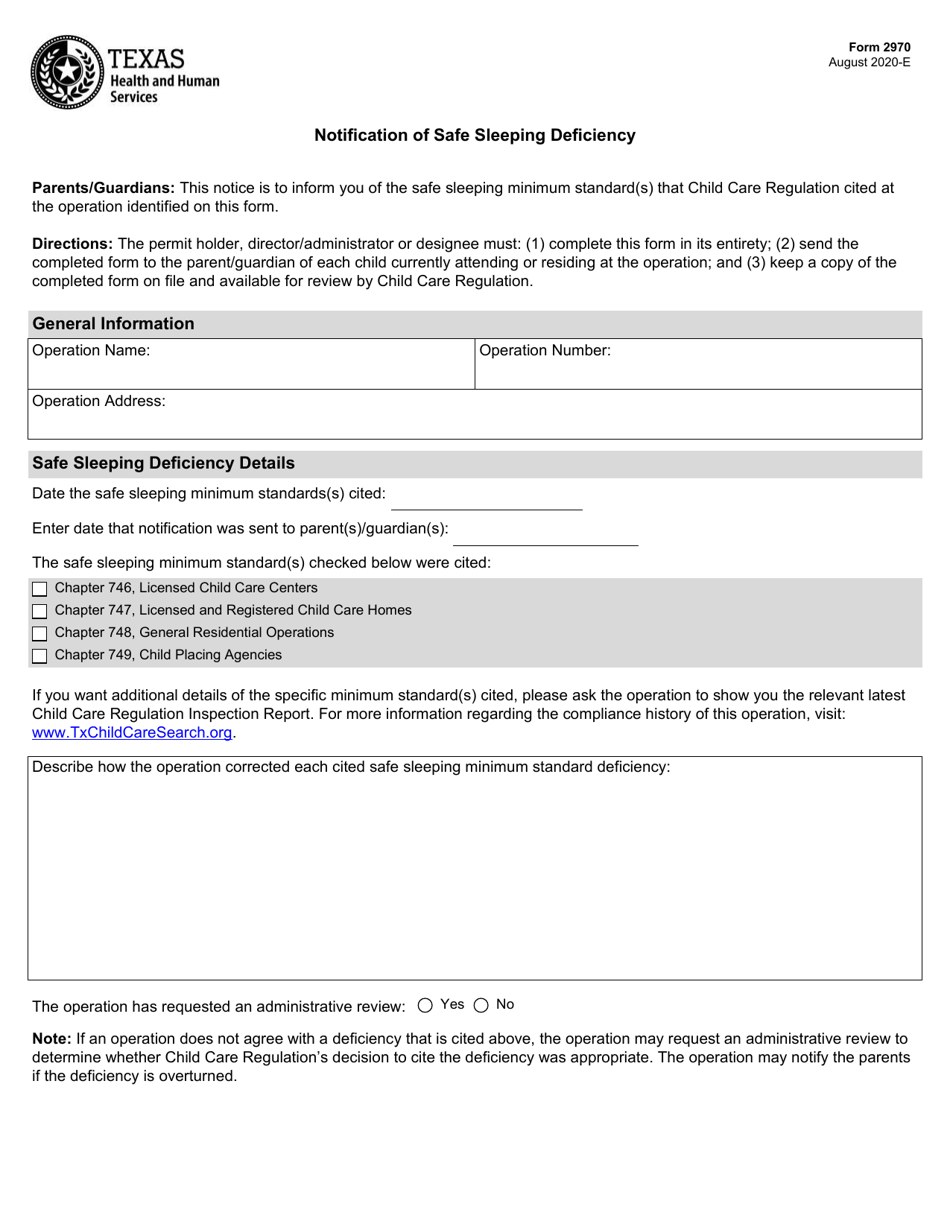 Form 2970 Notification of Safe Sleeping Deficiency - Texas, Page 1
