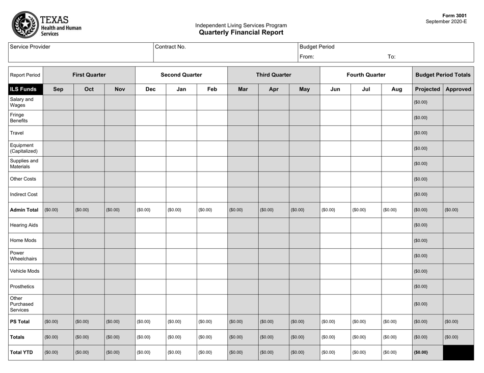 Form 3001 Quarterly Financial Report - Texas, Page 1