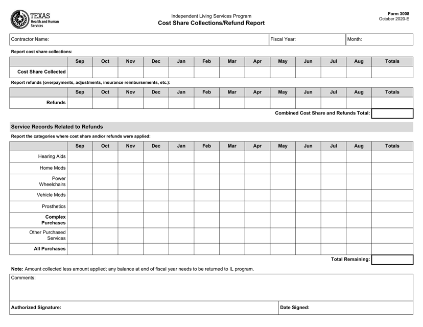 Form 3008 Cost Share Collections/Refund Report - Texas