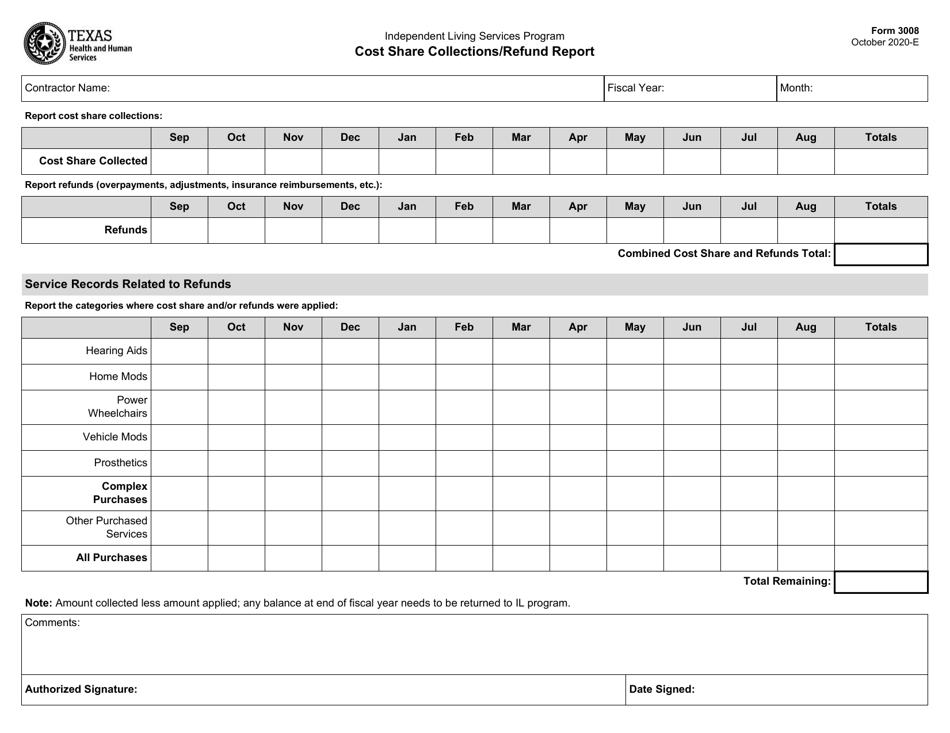 Form 3008 Cost Share Collections / Refund Report - Texas, Page 1