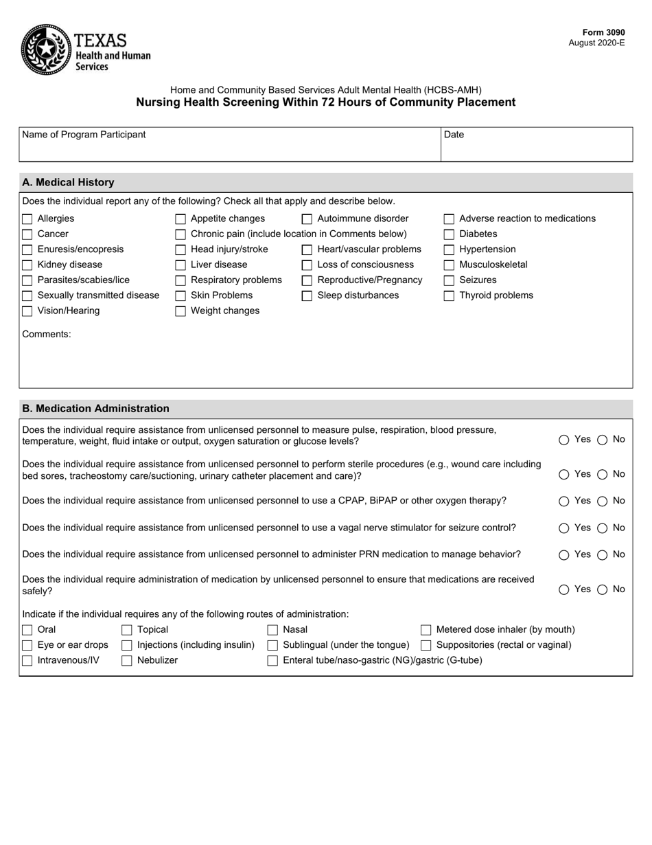 Form 3090 Nursing Health Screening Within 72 Hours of Community Placement - Texas, Page 1