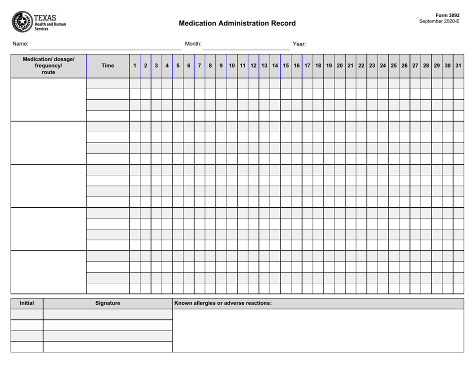 Form 3092 Medication Administration Record - Texas, Page 1