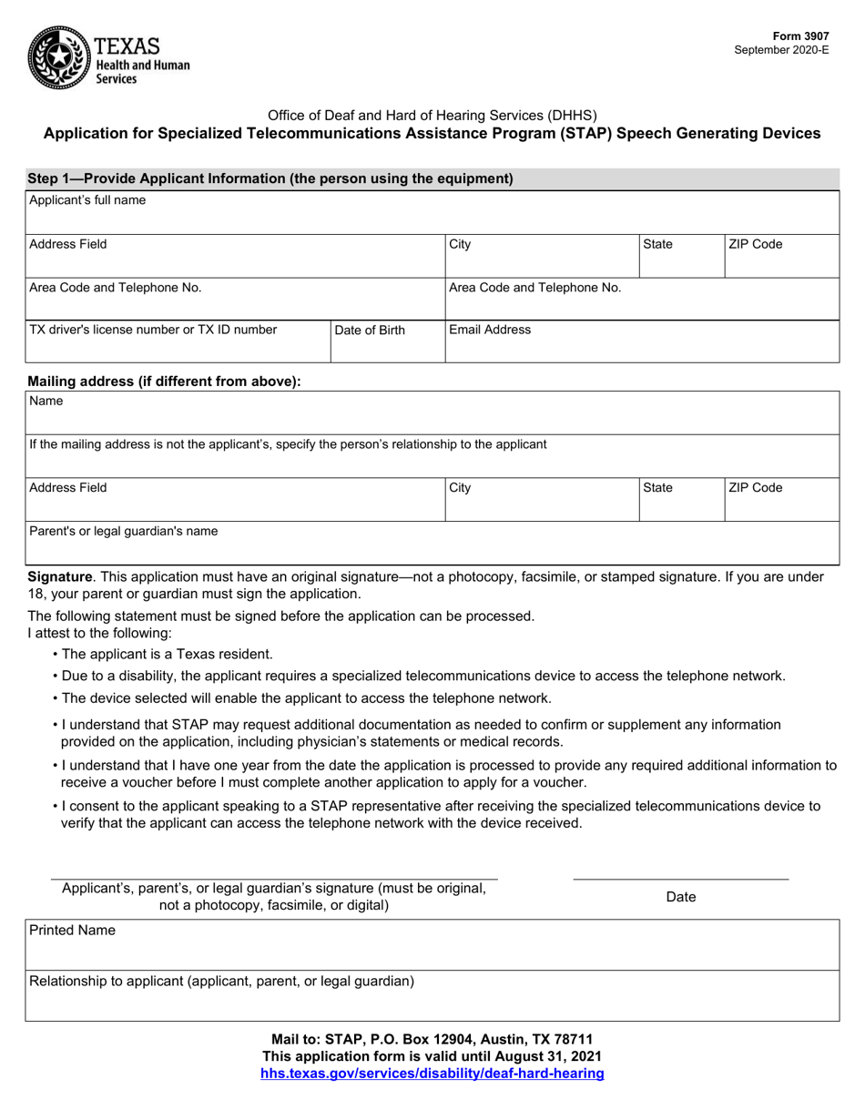 Form 3907 Application for Specialized Telecommunications Assistance Program (Stap) Speech Generating Devices - Texas, Page 1
