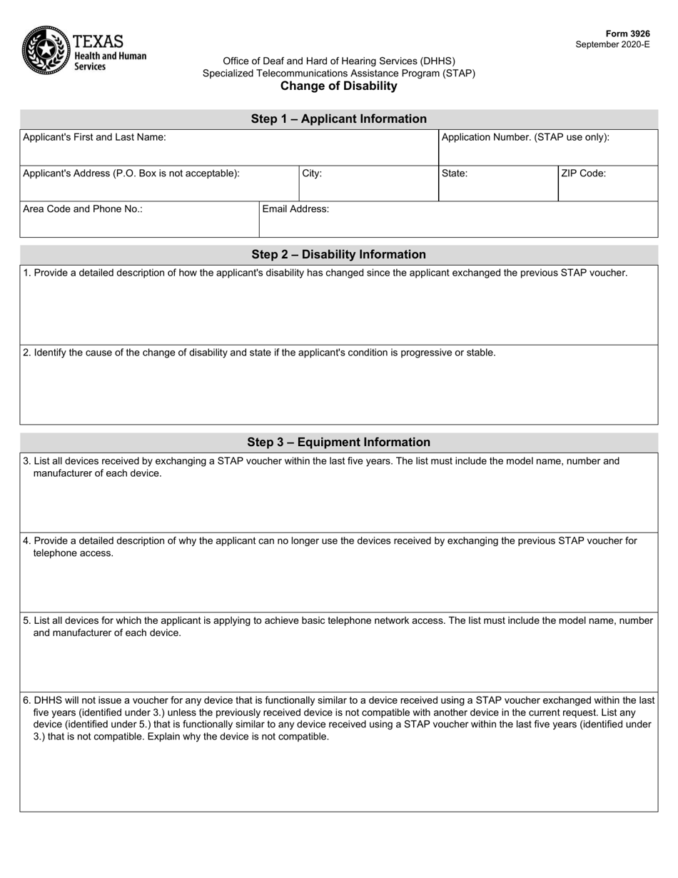 Form 3926 Change of Disability - Texas, Page 1