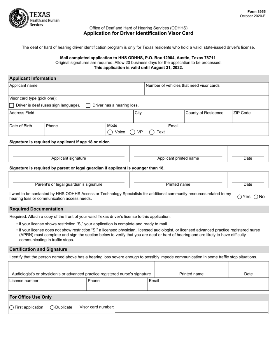 Form 3955 Application for Driver Identification Visor Card - Texas, Page 1