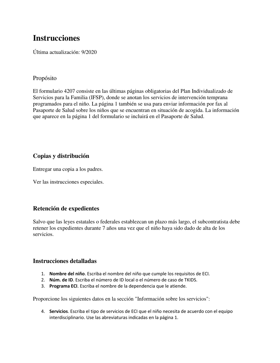 Instrucciones para Formulario 4207-S Paginas Del Plan Individualizado De Servicios Para La Familia (Ifsp) - Texas (Spanish), Page 1