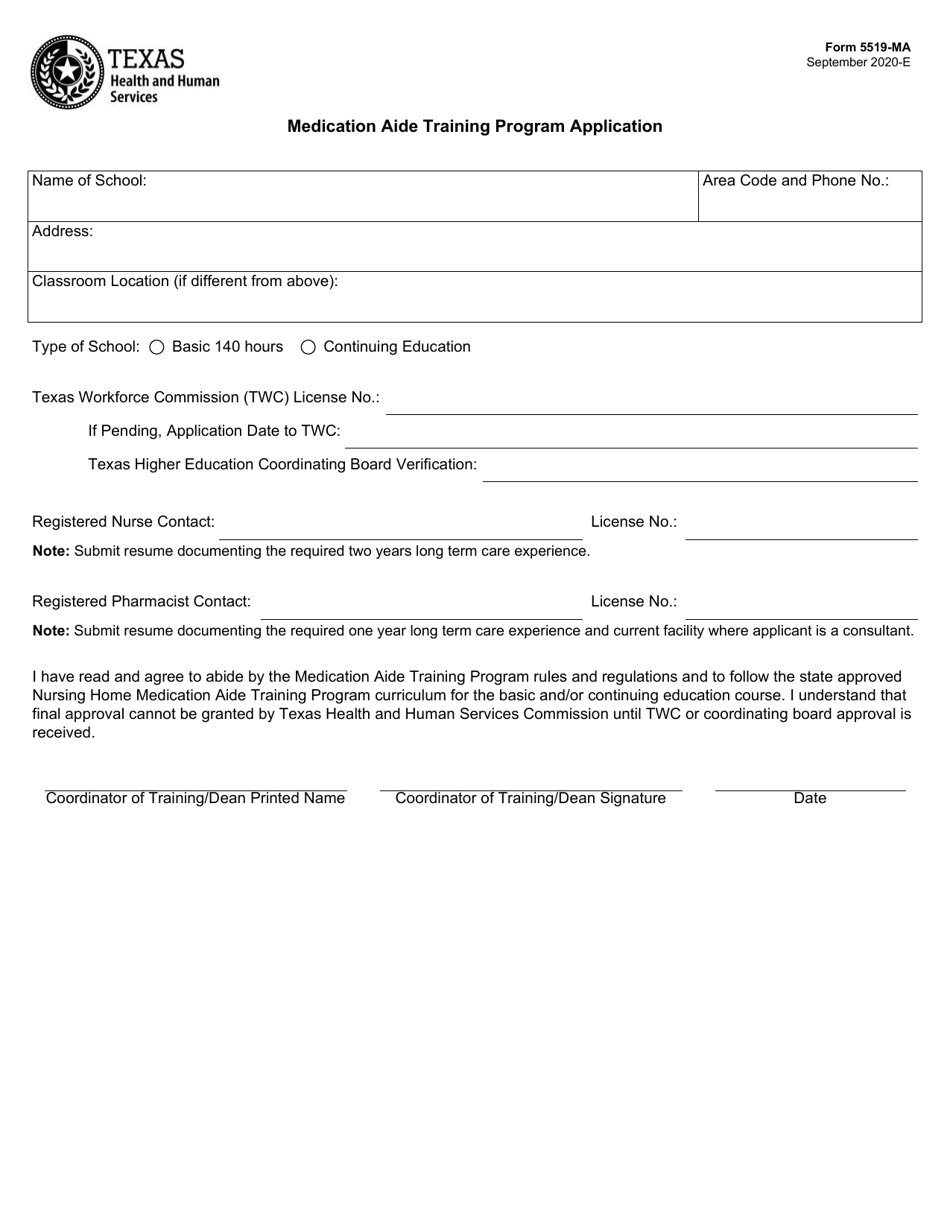 Form 5519-MA Medication Aide Training Program Application - Texas, Page 1