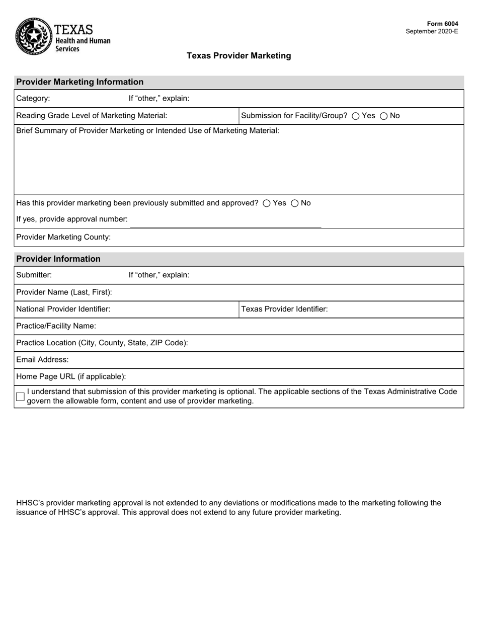 Form 6004 Texas Provider Marketing - Texas, Page 1