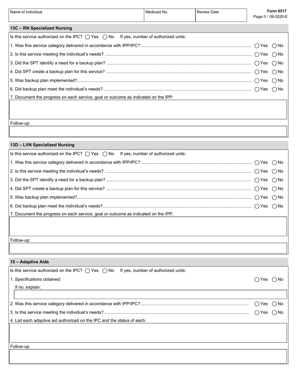 Form 6517 Individual Program Plan (Ipp) Service Review - Texas, Page 5