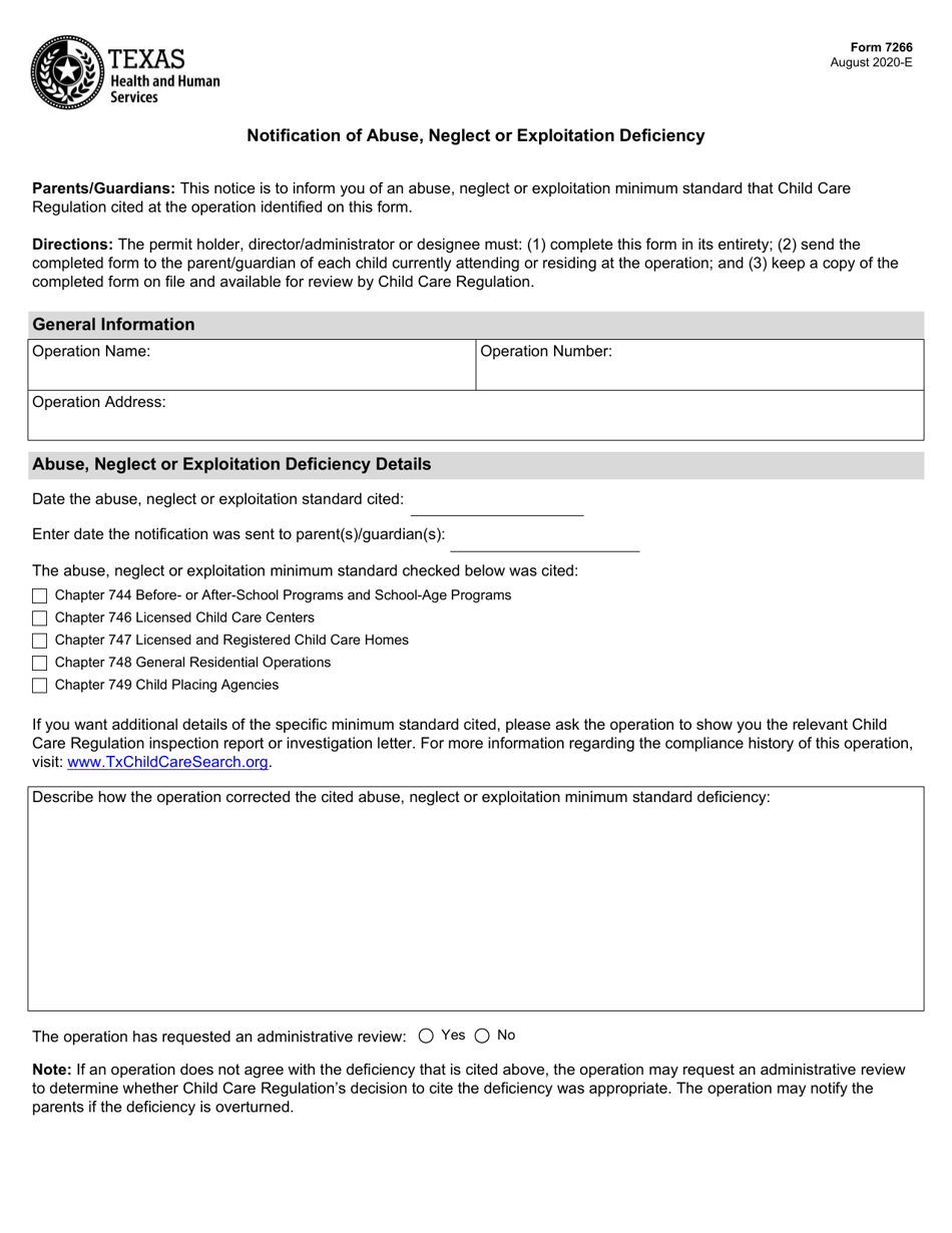 Form 7266 Notification of Abuse, Neglect or Exploitation Deficiency - Texas, Page 1