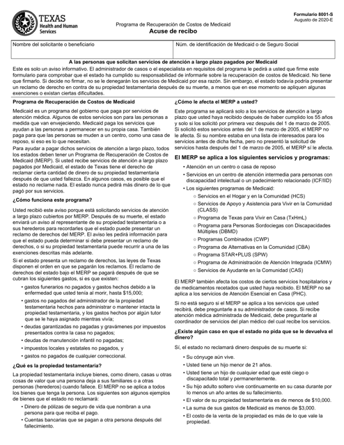 Formulario 8001-S Programa De Recuperacion De Costos De Medicaid Acuse De Recibo - Texas (Spanish)