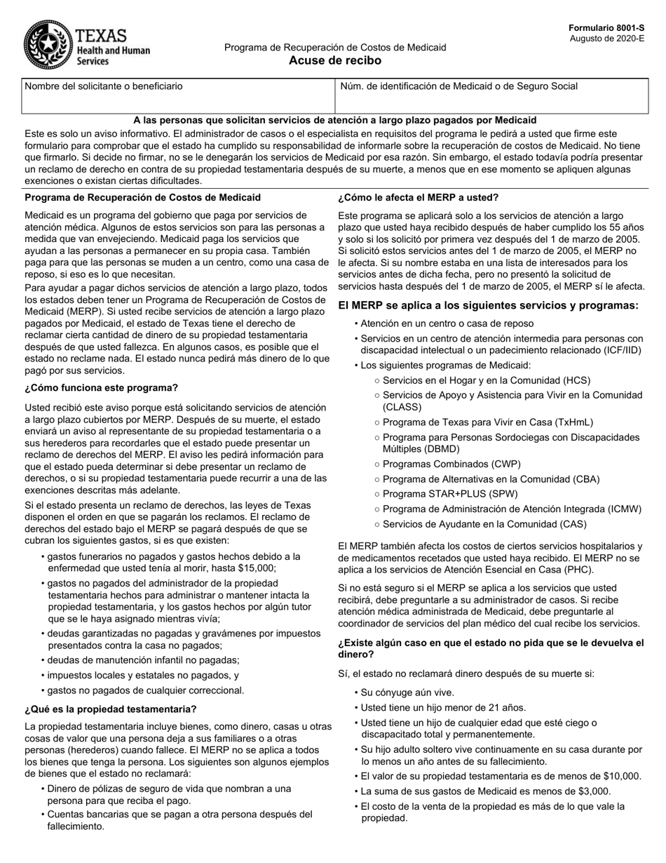 Formulario 8001-S Programa De Recuperacion De Costos De Medicaid Acuse De Recibo - Texas (Spanish), Page 1