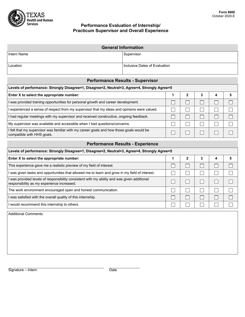 Form 8660 Performance Evaluation of Internship / Practicum Supervisor and Overall Experience - Texas, Page 1