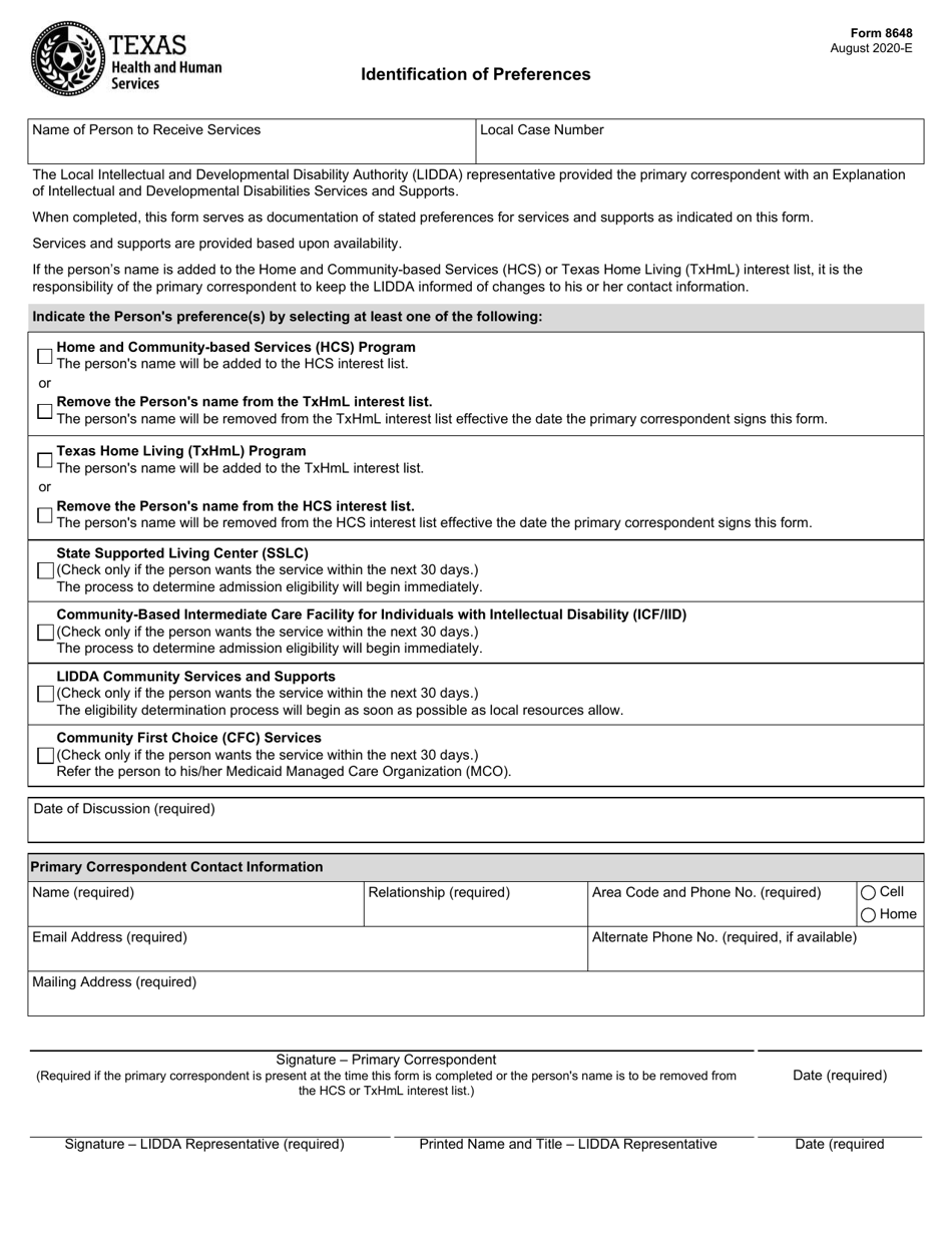 Form 8648 Identification of Preferences - Texas, Page 1