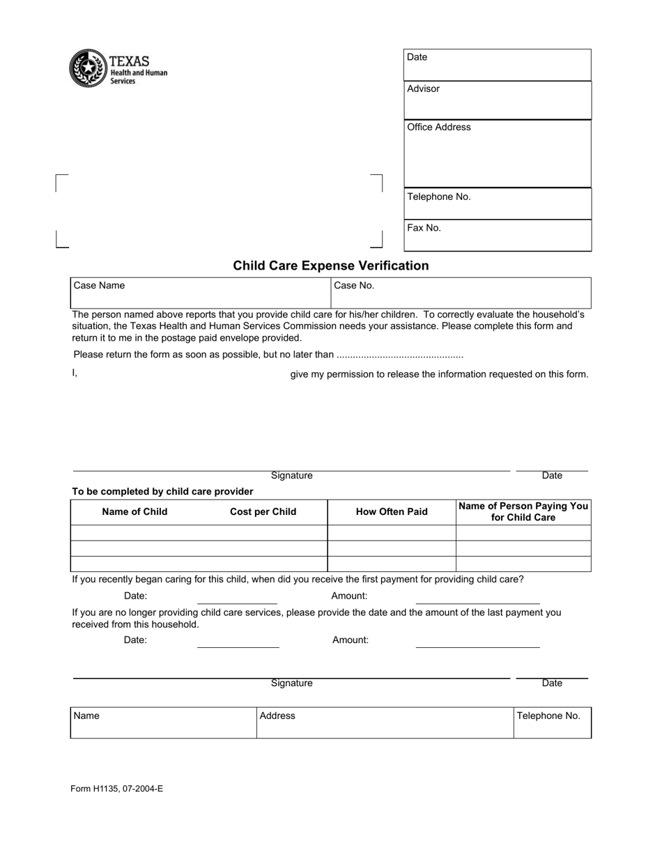 Form H1135 Child Care Expense Verification - Texas, Page 1