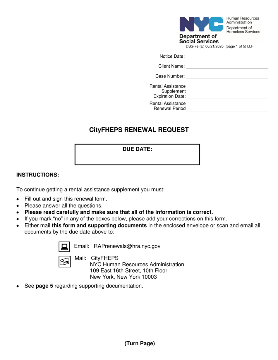 Form DSS-7E Cityfheps Renewal Request - New York City, Page 1